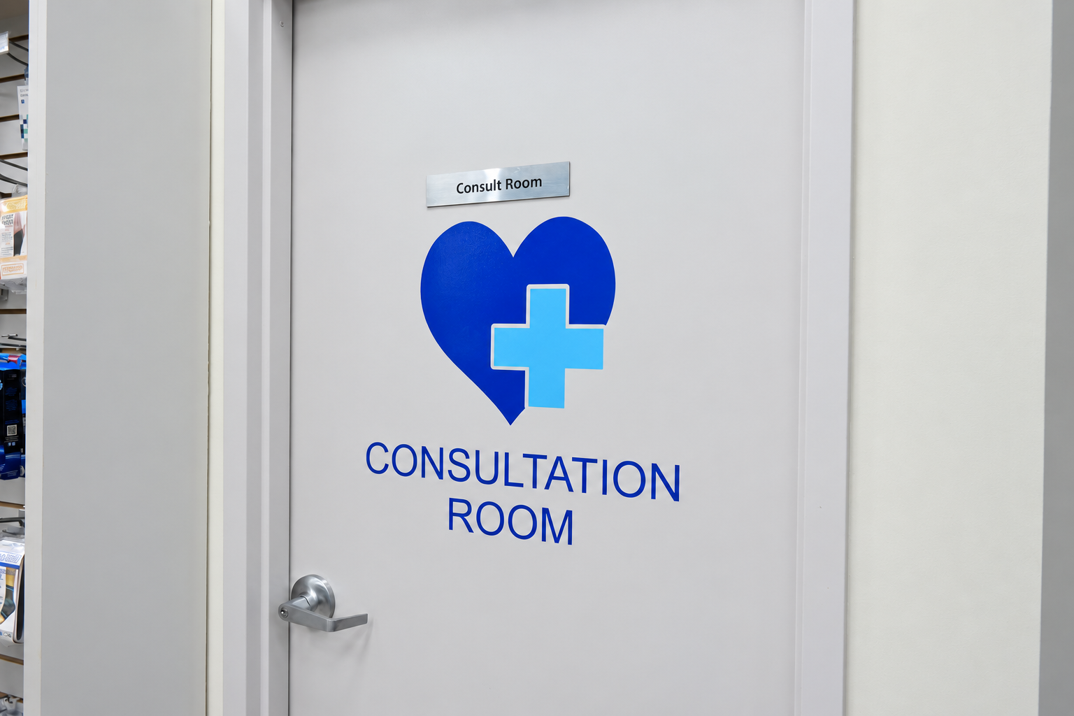 Consultation room door with the People Pharmacy heart logo