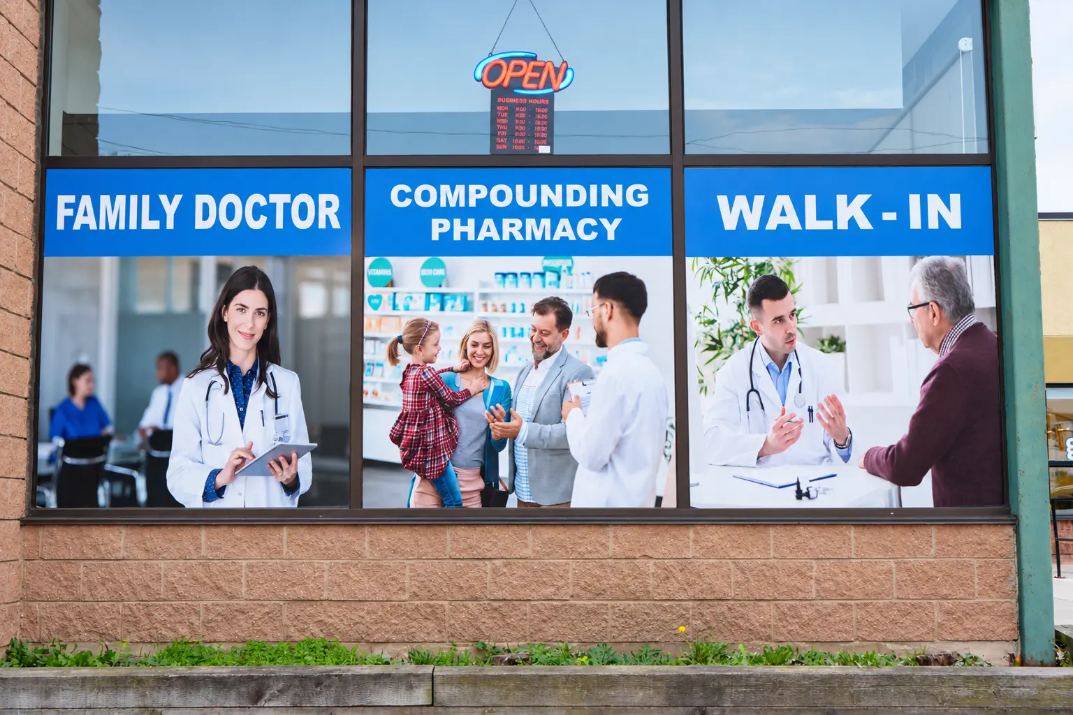 Street view of 320 Yonge St. — family doctor, compounding pharmacy and walk-in signs in the window